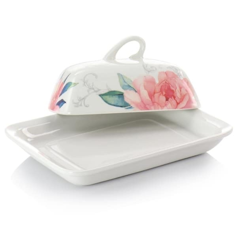 Martha Stewart Covered Butter Dish Peony Collection with Lid 7" Floral - Picture 2 of 6